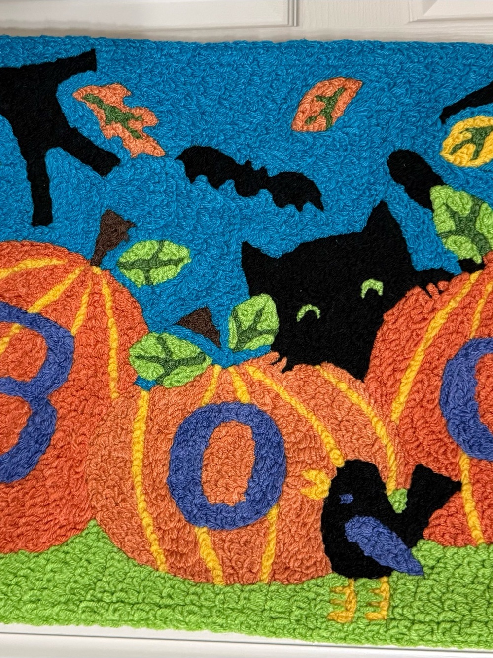 Festive Halloween Pumpkin & Cat Door Mat - Blue, Orange, Green